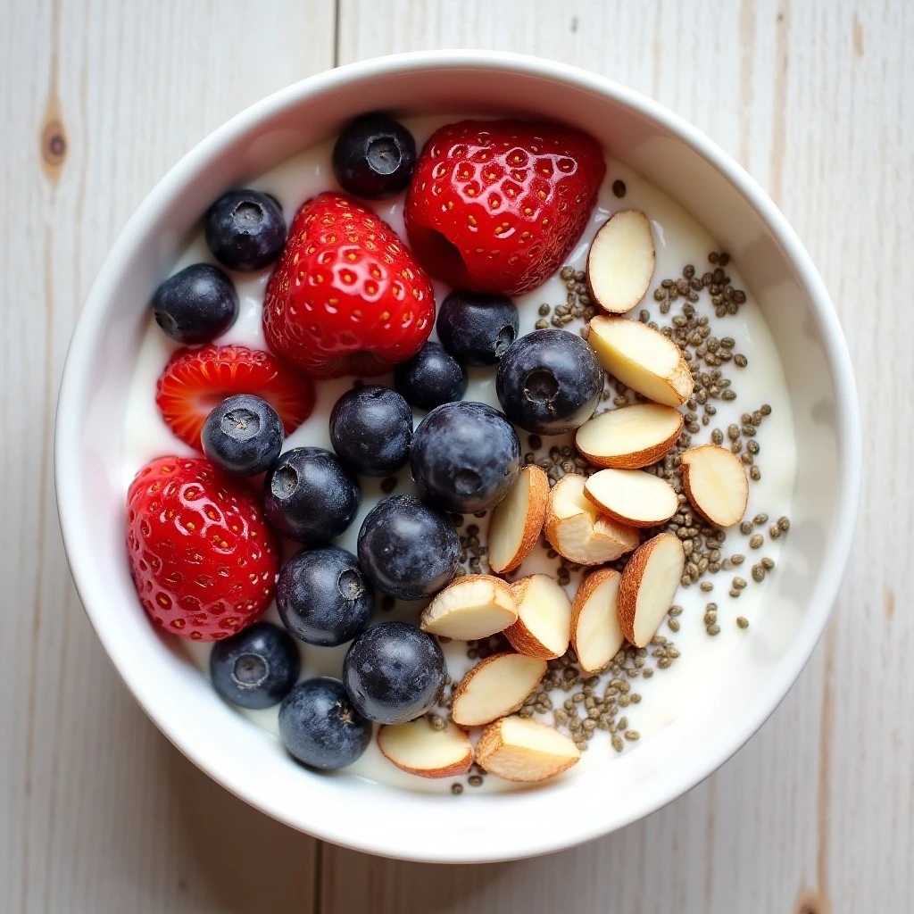 Greek Yogurt Power Bowl with fresh berries, granola, and honey on a white bowl.