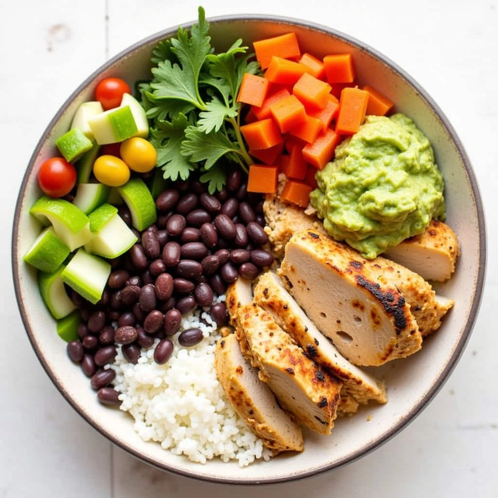 Chicken and Black Bean Burrito Bowl with brown rice, avocado, salsa, and Greek yogurt in a white bowl.