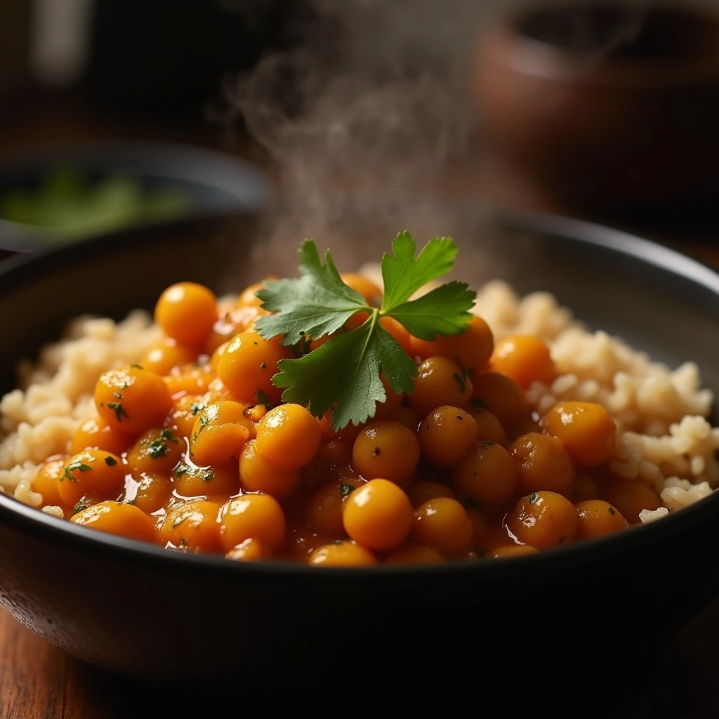 Lentil and Chickpea Curry served in a bowl with a side of rice and fresh cilantro garnish.