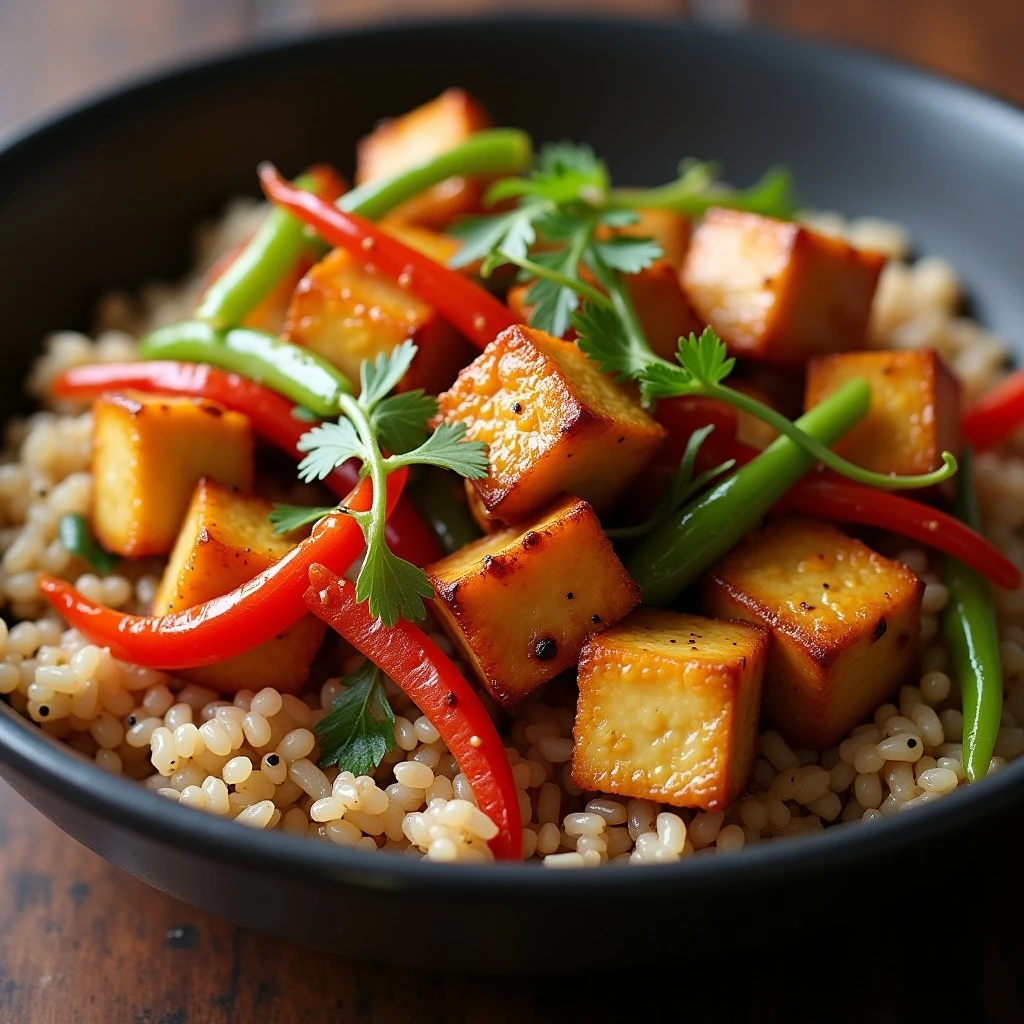 Tofu stir-fry with mixed vegetables and tofu cubes in a savory sauce served in a bowl.