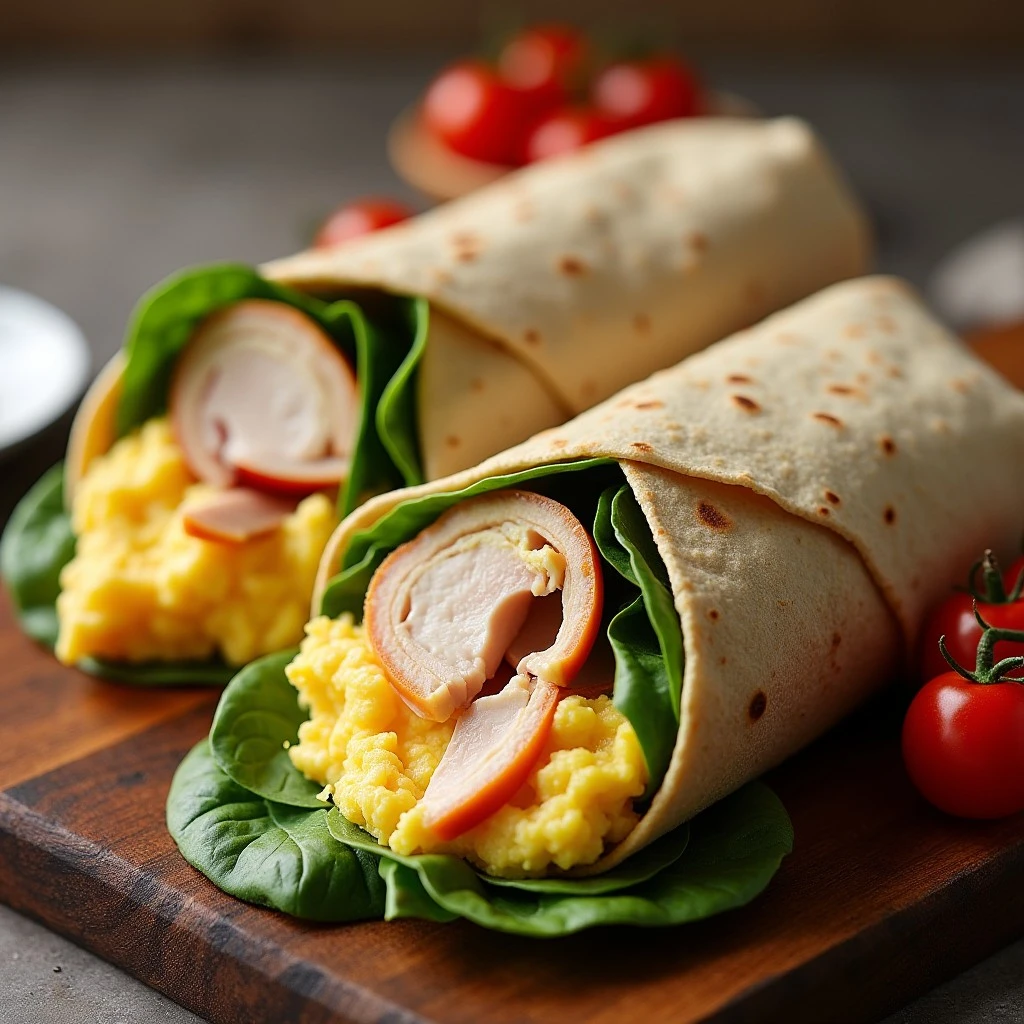 Egg White and Turkey Breakfast Wrap with spinach and melted cheese in a whole-grain tortilla.