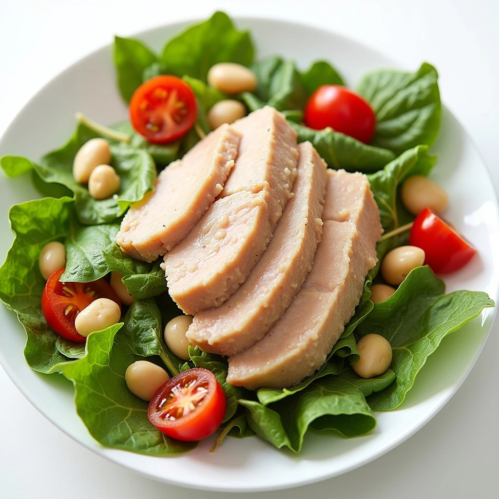 Tuna and White Bean Salad with cherry tomatoes, fresh herbs, and lemon dressing in a white bowl.