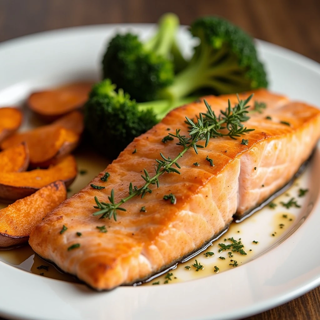 Baked salmon fillet served with roasted sweet potato wedges and steamed broccoli on a white plate.