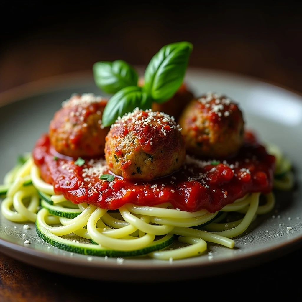 Turkey meatballs with zucchini noodles, marinara sauce, and parmesan cheese on a white plate.