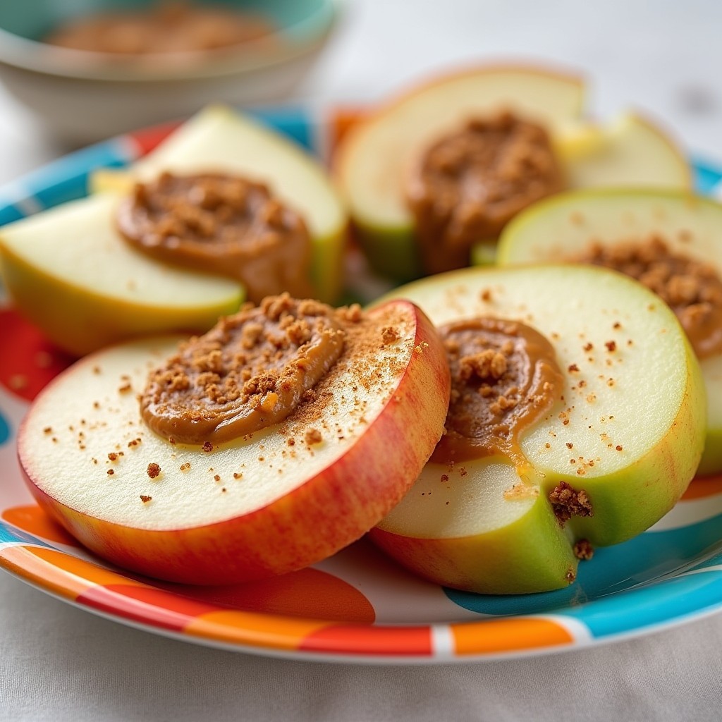 Apple and peanut butter sandwiches topped with granola and raisins on a wooden plate.