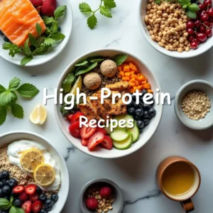 High-protein snacks including protein bars, nuts, and seeds arranged on a wooden surface for a healthy lifestyle.