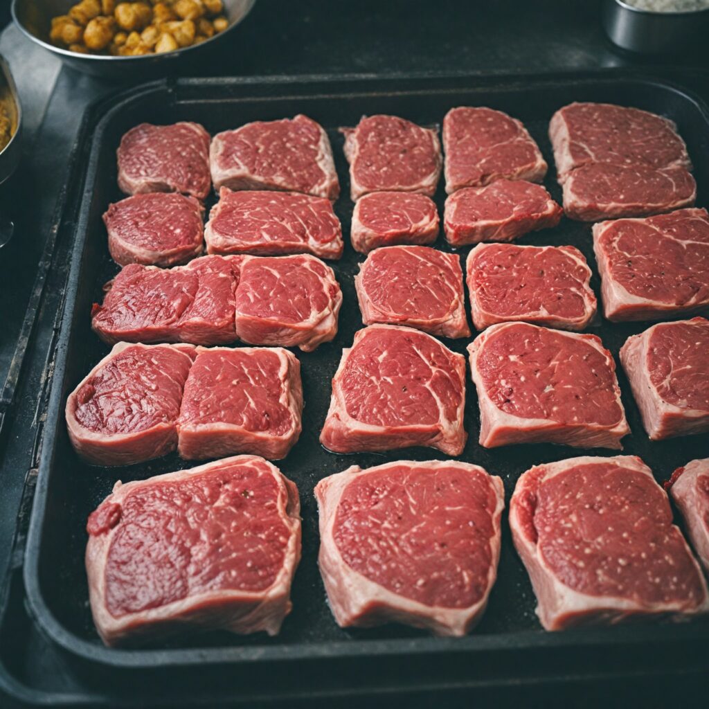 A selection of lean meats, including chicken breast and turkey, arranged on a wooden cutting board with herbs.