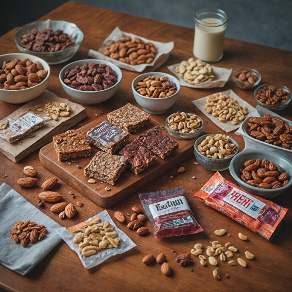 A variety of nuts and seeds, including almonds, walnuts, chia seeds, and sunflower seeds, spread on a rustic surface.