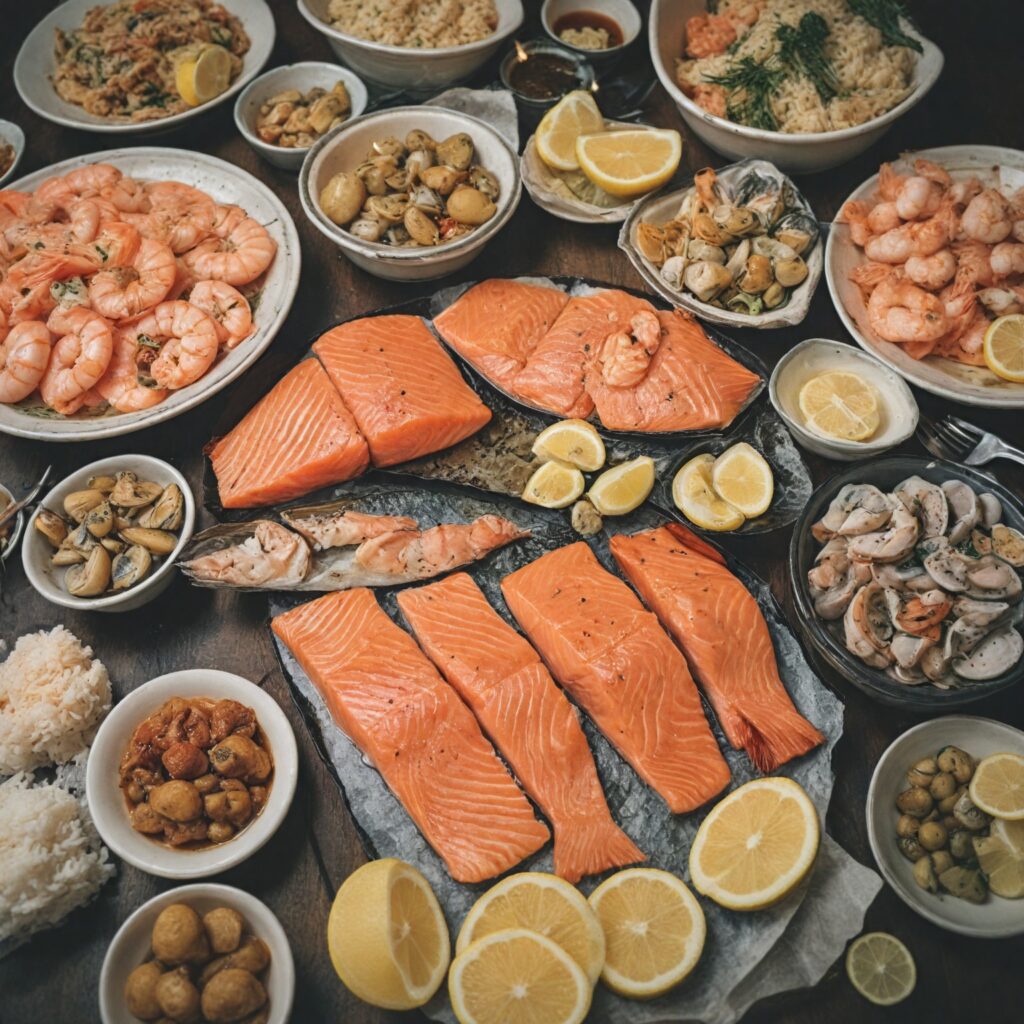 A fresh assortment of seafood, including salmon, shrimp, and scallops and lemon slices.
