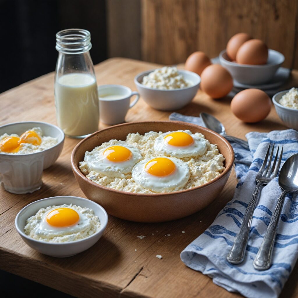 A variety of dairy products, including milk, yogurt, cheese, and eggs, arranged on a rustic wooden table.