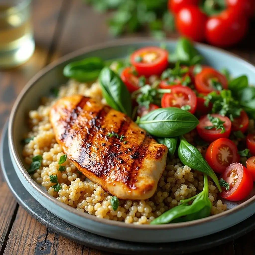 A grilled chicken breast served on a bed of couscous, garnished with fresh basil leaves, cherry tomatoes, and herbs.