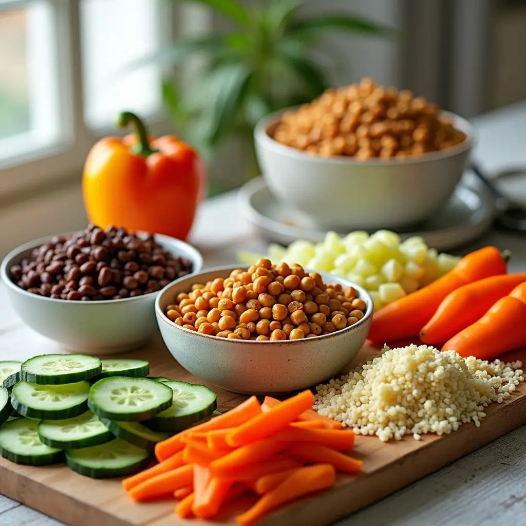 An assortment of fresh and healthy ingredients including sliced cucumbers, carrots, roasted chickpeas, black beans, couscous, and diced yellow vegetables, arranged on a wooden board and bowls.