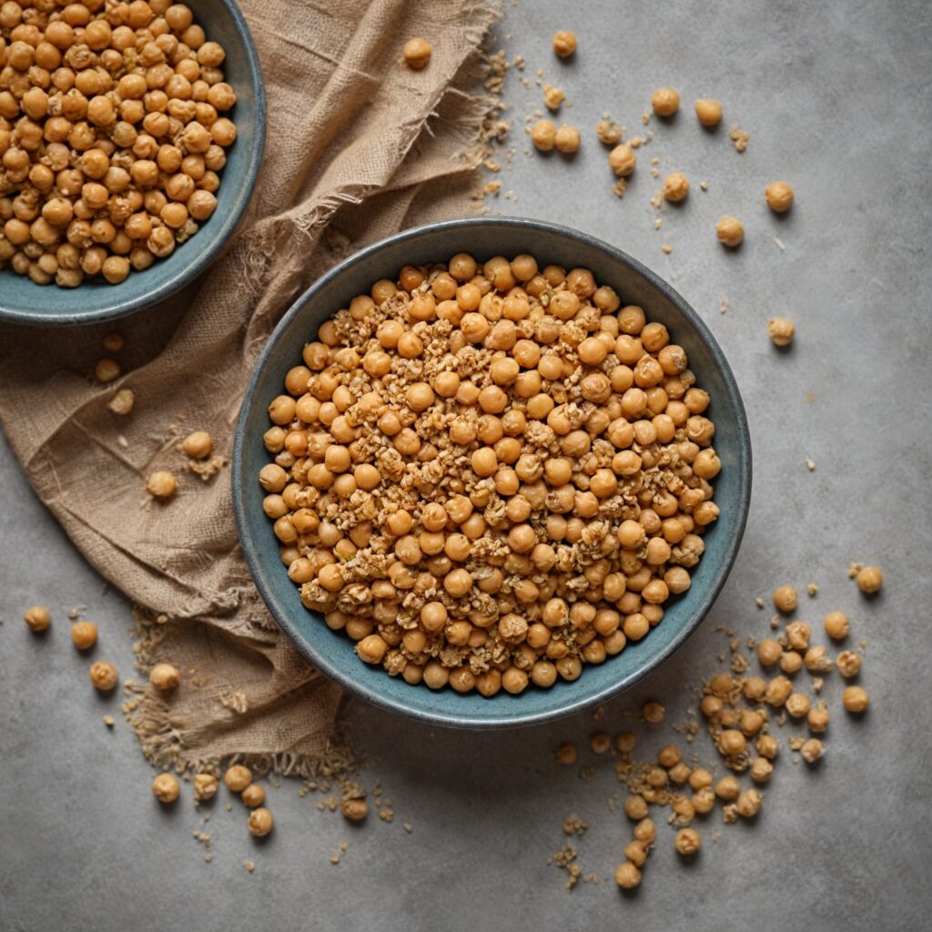 A colorful assortment of plant-based proteins, including lentils, chickpeas, tofu, and quinoa, displayed on a wooden table.