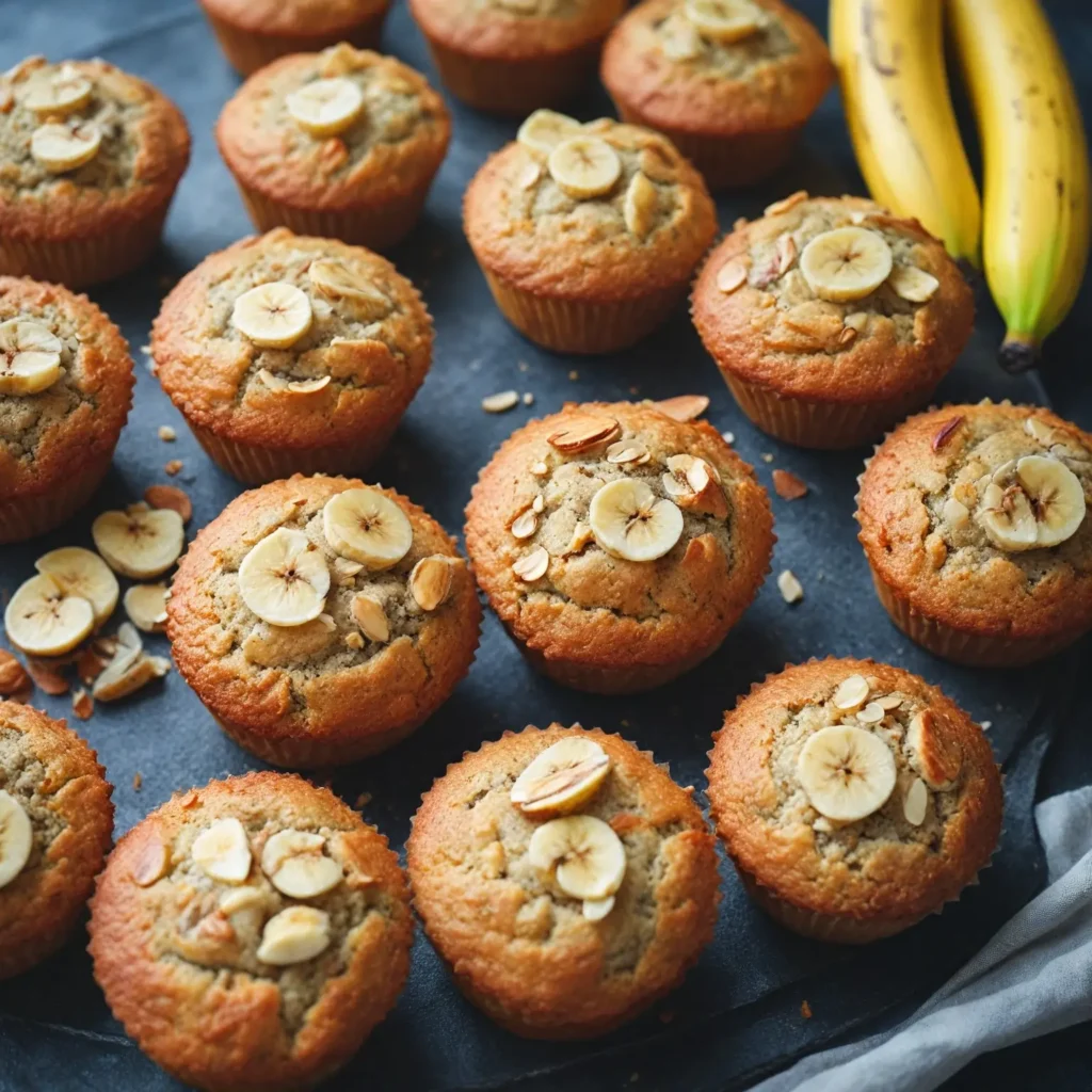 A batch of golden almond flour banana muffins arranged on a cooling rack, with a few scattered banana slices and almonds around for decoration. The muffins have a soft, moist texture with a perfectly baked golden crust.