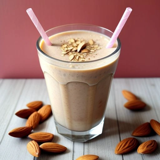 A creamy Oats & Almond Smoothie in a glass, garnished with crushed almonds and oats on a light wooden surface.