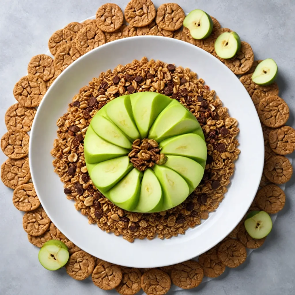 Thinly sliced green apples arranged like nachos, topped with peanut butter drizzle, granola, and chocolate chips
