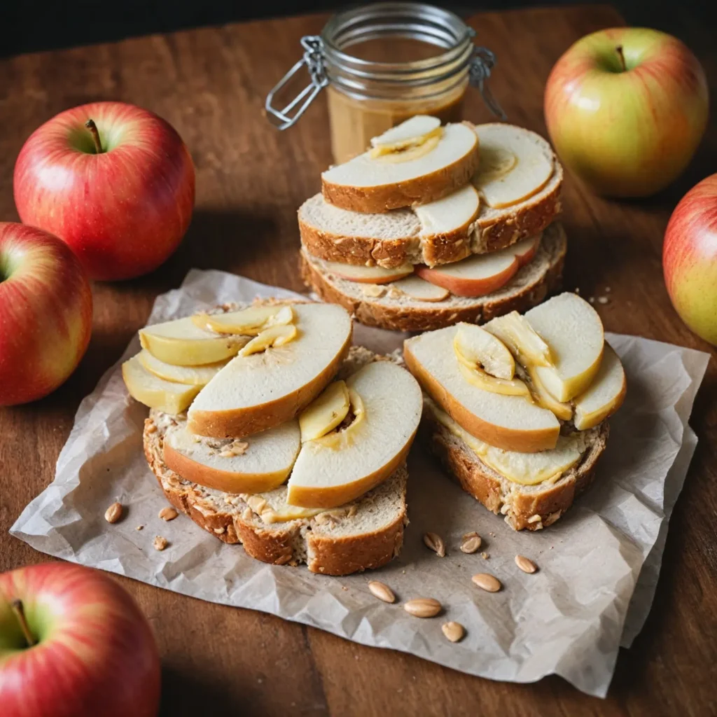 Apple slices with sunflower seed butter spread, stacked together to form a sandwich.