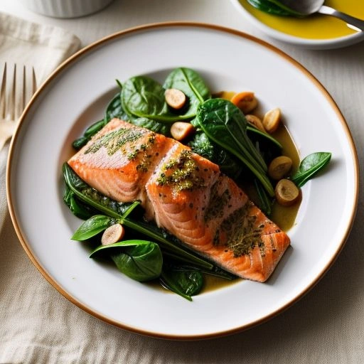 A plate of baked salmon with a crispy skin, served on a bed of wilted spinach and topped with fresh herbs.
