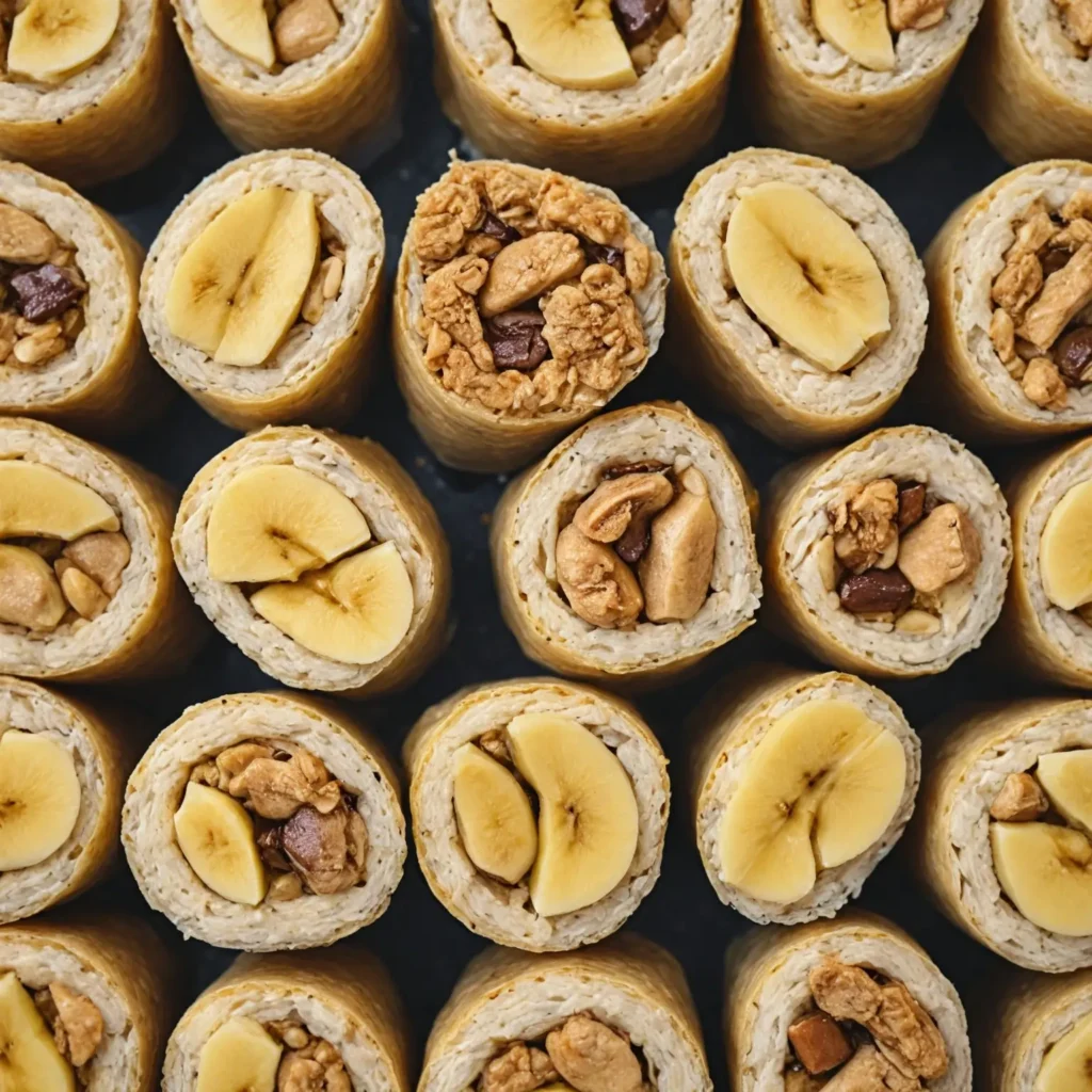 Sliced banana sushi rolls made with whole wheat tortillas, filled with peanut butter and banana