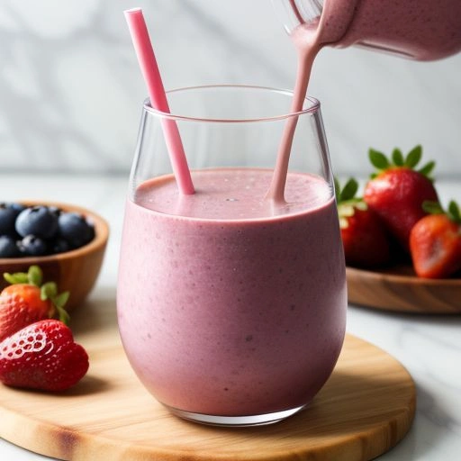 A vibrant Berry Protein Boost Smoothie in a glass, topped with fresh berries and surrounded by almonds and protein powder.
