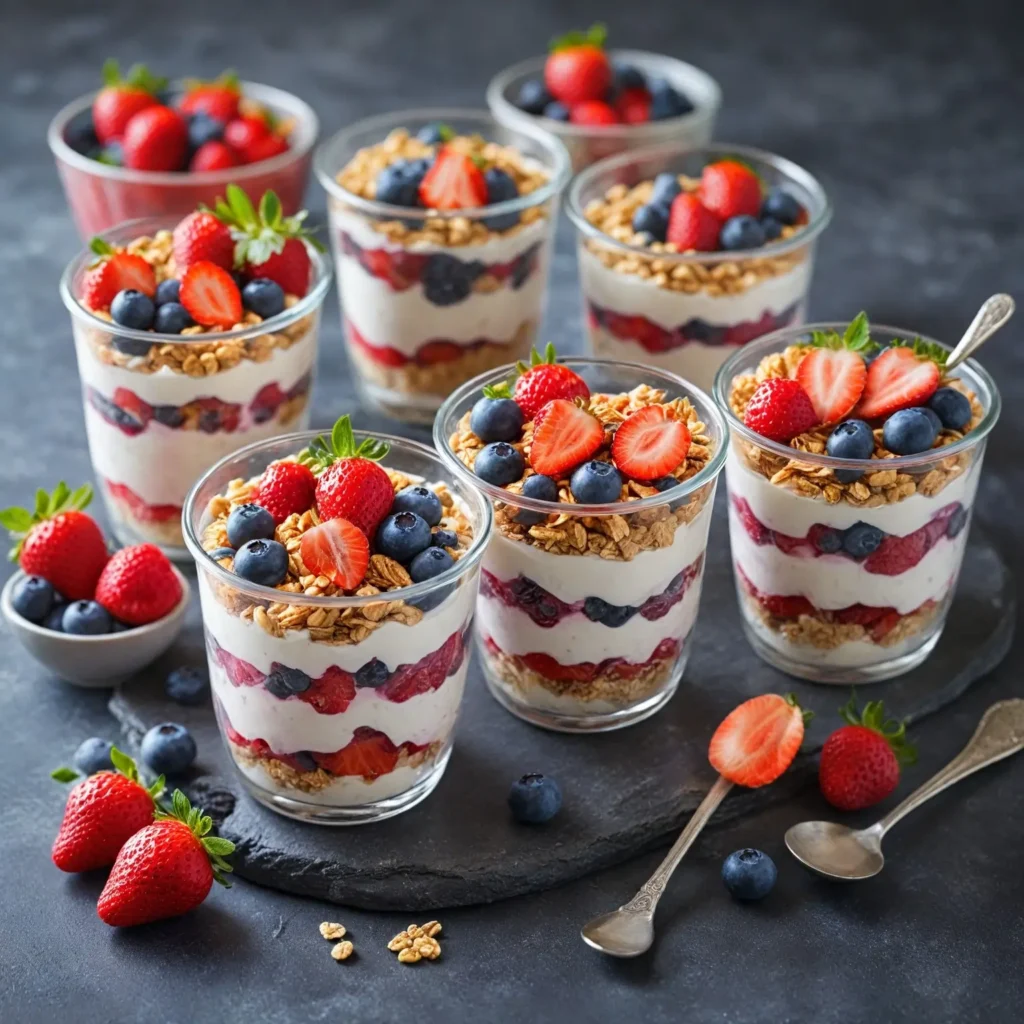 Layered yogurt parfait with alternating layers of berries, yogurt, and granola in a glass
