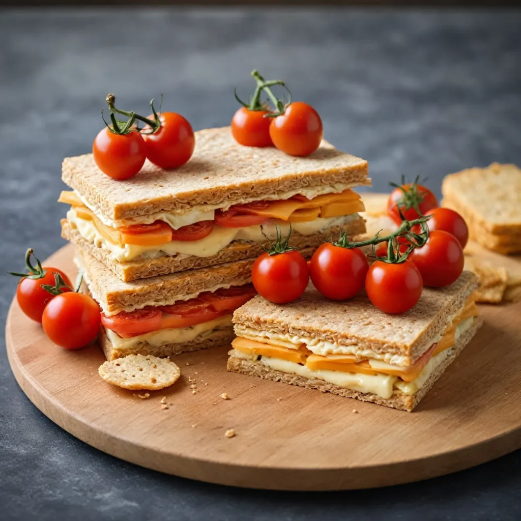 Whole-grain crackers topped with sliced cheese and cherry tomatoes, arranged as bite-sized stackers.
