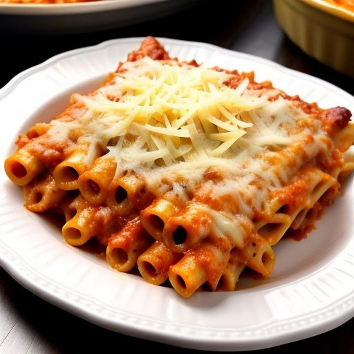 A bubbling hot dish of baked ziti with layers of pasta, marinara sauce, and melted cheese.