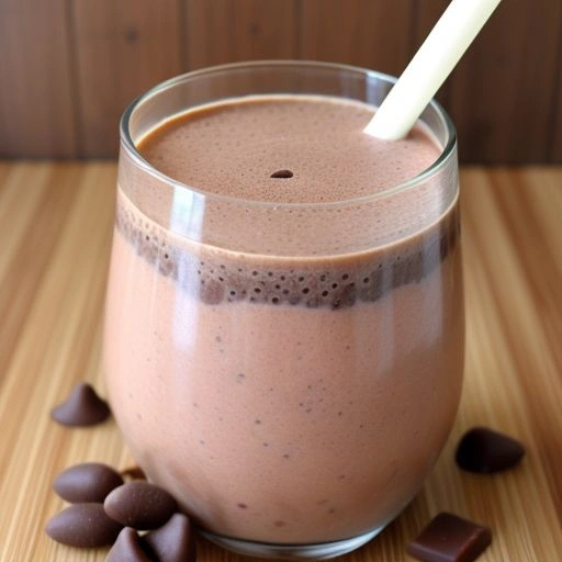 A creamy Choco-Banana Smoothie in a glass, topped with banana slices and chocolate shavings on a rustic table.