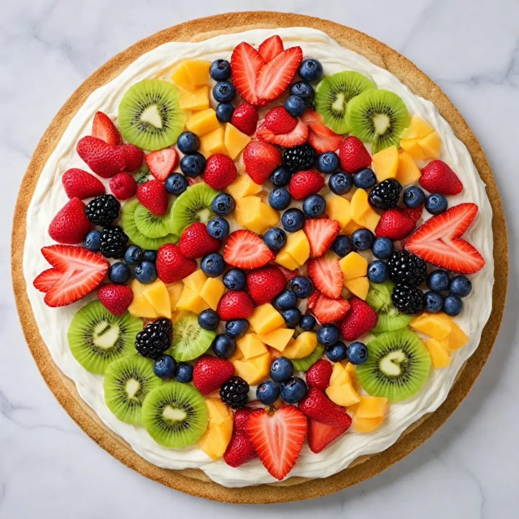 Cookie-based fruit pizza topped with cream cheese frosting and arranged fresh fruit