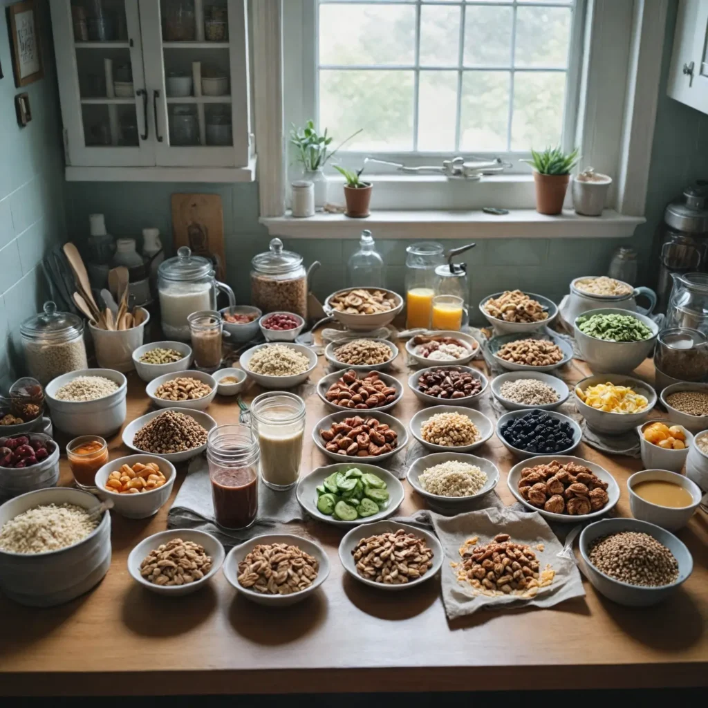 A kitchen table filled with ingredients for DIY low-carb, high-protein snacks like protein powder, almond butter, and hemp seeds.