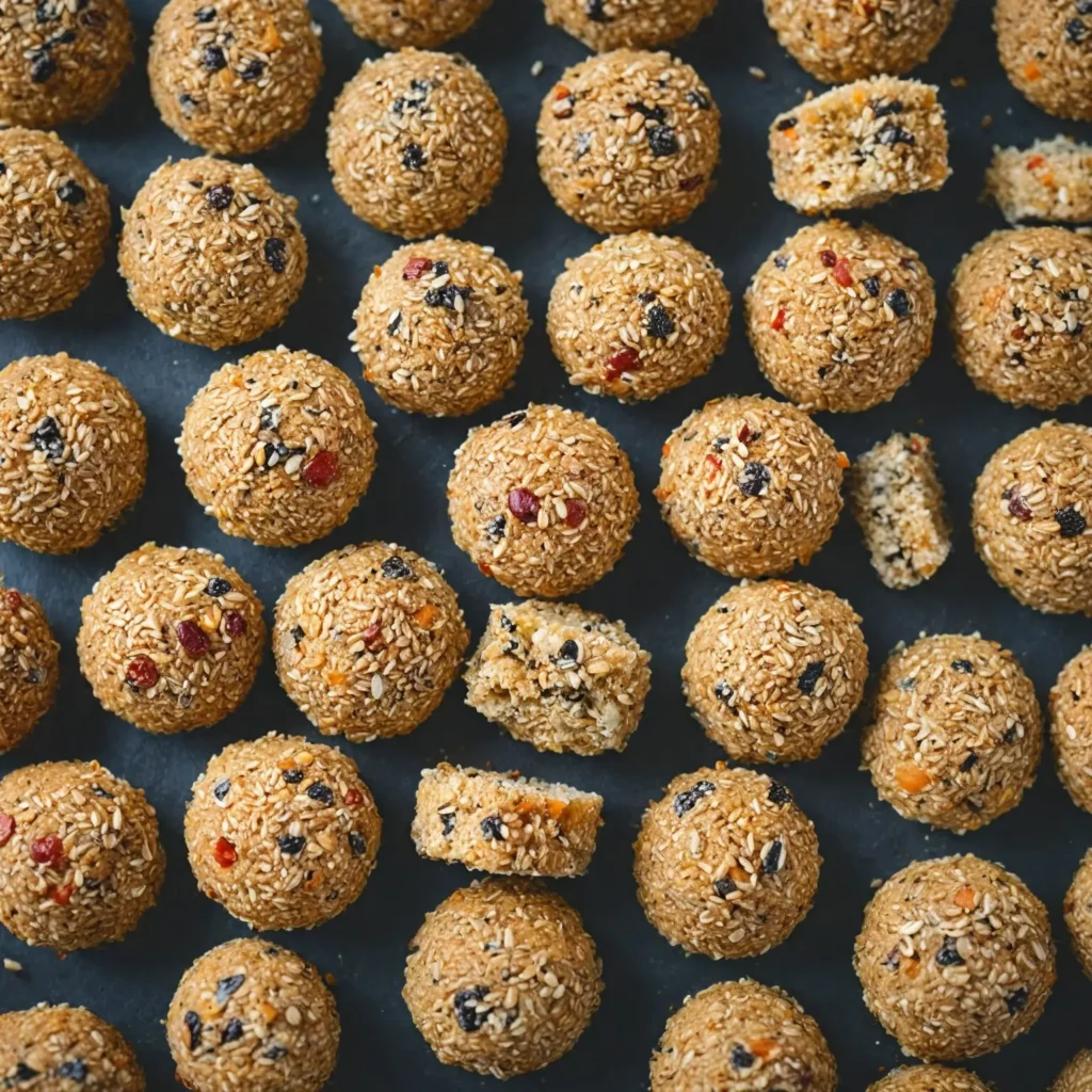 A plate of energy-packed quinoa and chia seed bites, arranged neatly on a wooden surface. The bites are golden brown, sprinkled with seeds, and surrounded by ingredients like raw quinoa, chia seeds, and honey.