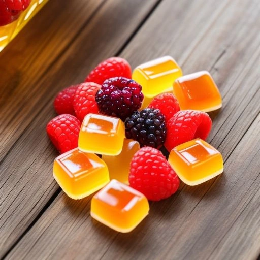 Close-up of homemade fruit gummies made with fresh berries, honey, and gelatin on a rustic wooden surface.