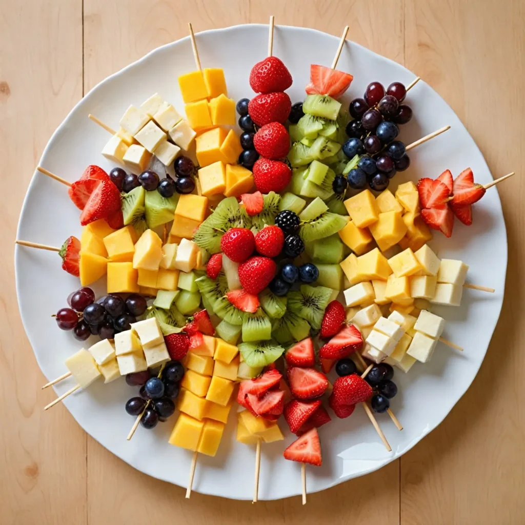 Wooden skewers threaded with alternating chunks of fresh fruit and cheese