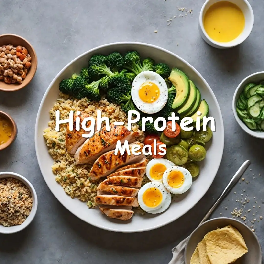 A variety of high-protein foods including grilled chicken, quinoa, eggs, and vegetables arranged on a fresh plate, conveying a healthy and energizing vibe.