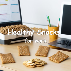 Office desk with a variety of healthy snacks including fruits, nuts, yogurt, and whole grain crackers