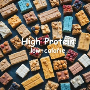 A variety of high protein, low-calorie snacks, including protein bars, Greek yogurt, roasted chickpeas, and fresh fruits, arranged on a wooden table.