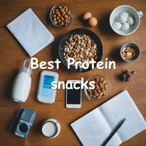 Healthy protein snacks arranged in a lifestyle flat-lay composition with fitness accessories