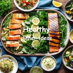 A vibrant dinner spread featuring grilled salmon, quinoa salad, roasted vegetables, and fresh greens on a wooden table.