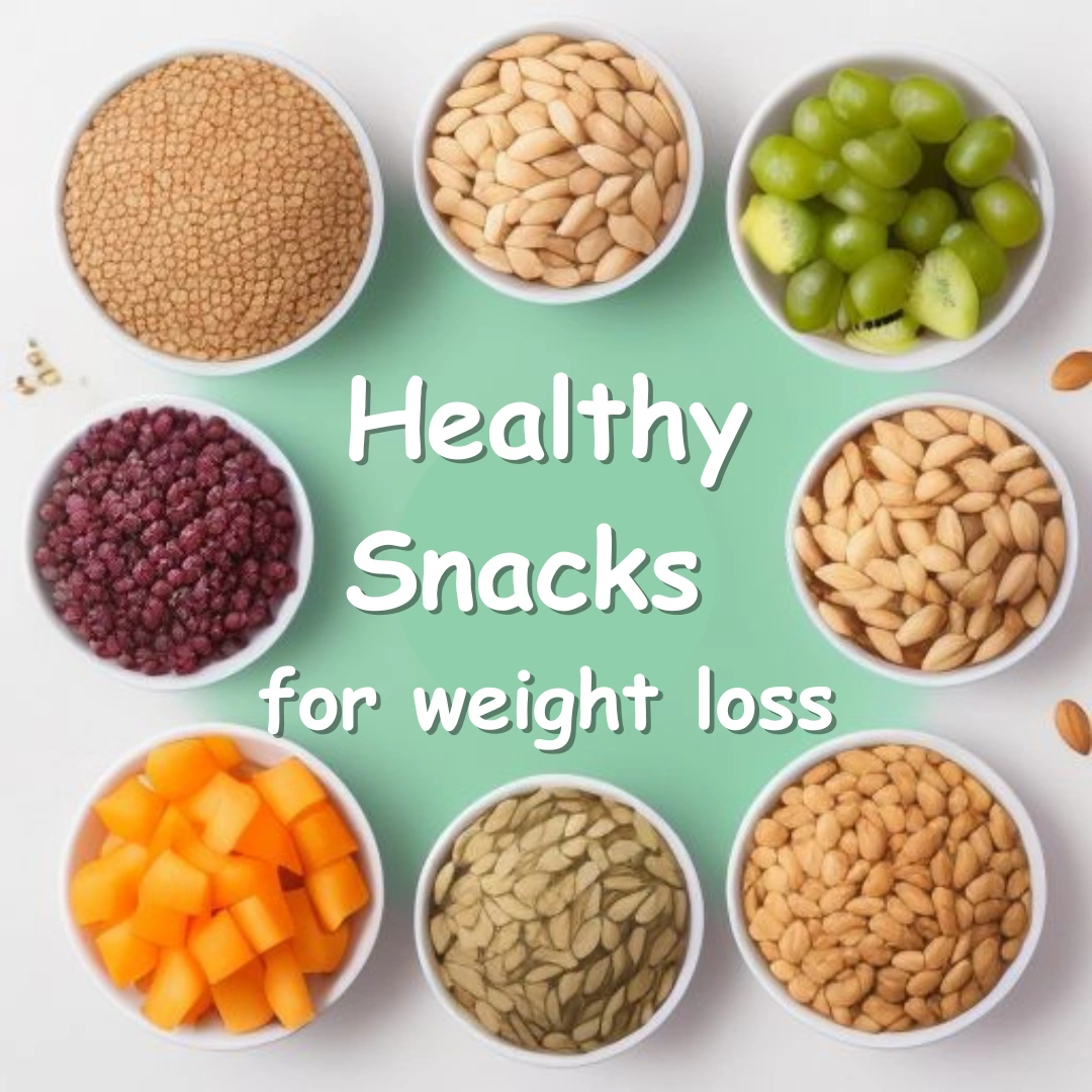 Assortment of healthy snacks including fruits, vegetables, nuts, seeds, yogurt, and lean meats.