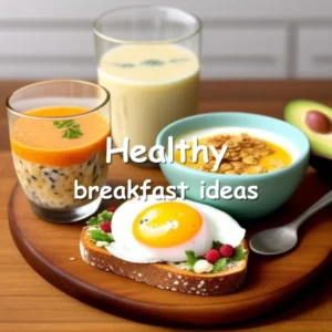 Healthy breakfast spread with overnight oats, avocado toast, and smoothie bowl on a wooden table.