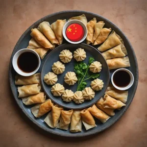 Delicious assortment of Chinese savory snacks including dumplings, spring rolls, wontons, and sesame balls with dipping sauces.