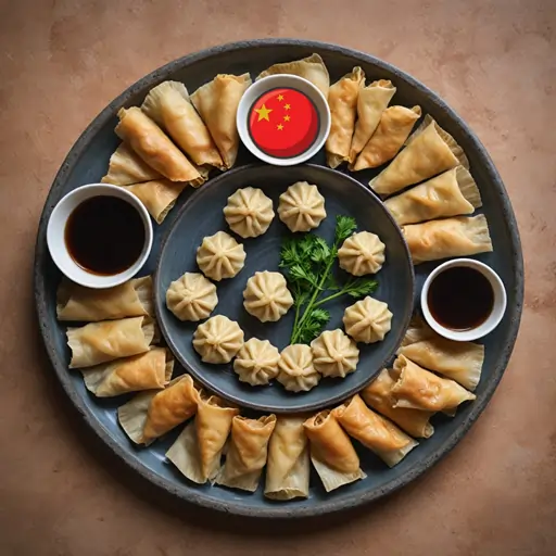 Delicious assortment of Chinese savory snacks including dumplings, spring rolls, wontons, and sesame balls with dipping sauces.