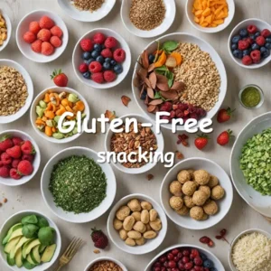 Overhead view of colorful gluten-free snacks including energy balls, sliced vegetables, mixed nuts, and topped rice cakes on a wooden table with herbs and linen napkin.