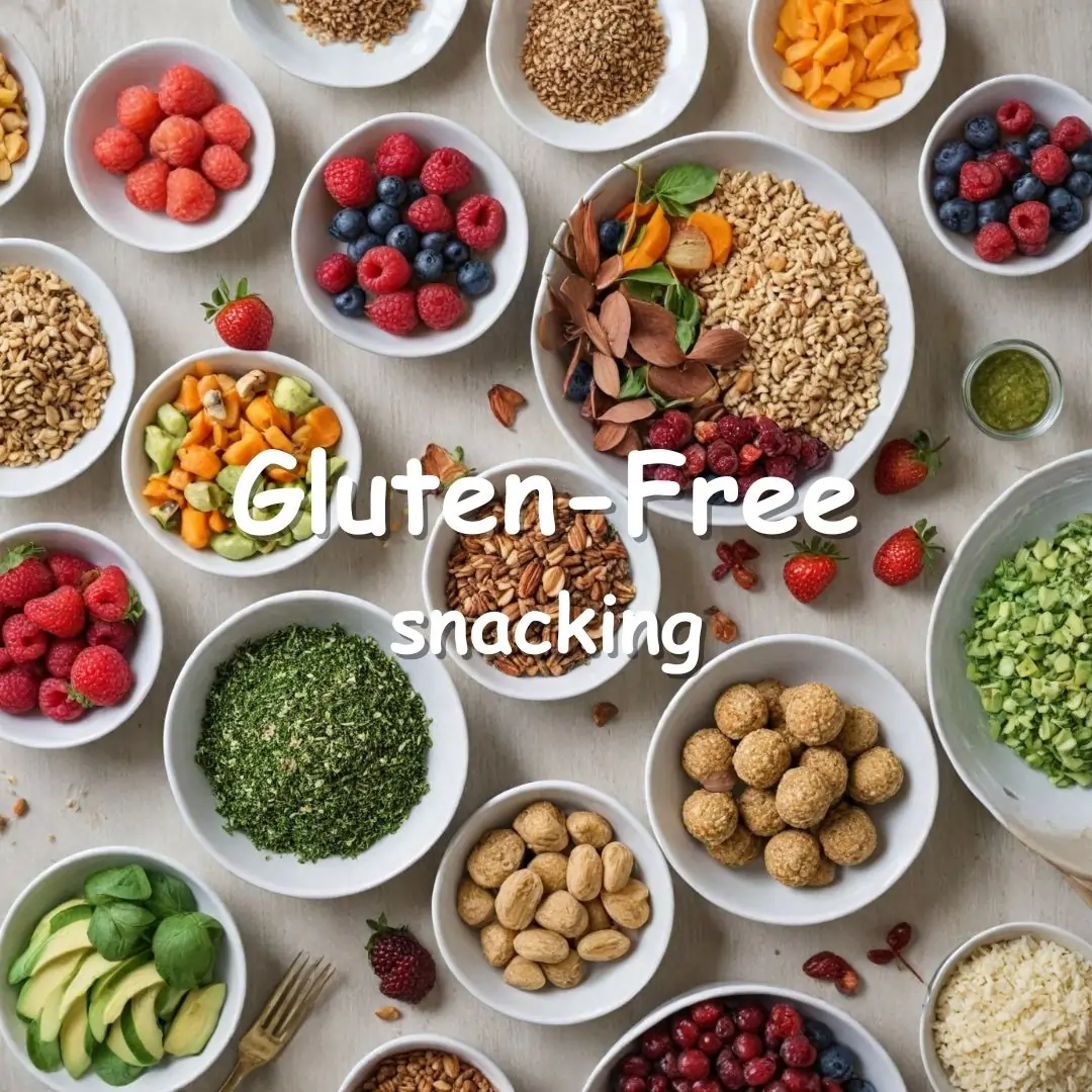 Overhead view of colorful gluten-free snacks including energy balls, sliced vegetables, mixed nuts, and topped rice cakes on a wooden table with herbs and linen napkin.