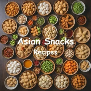 Assortment of popular Asian snacks including Pocky, sushi rolls, mochi, edamame, kimchi, dumplings, spring rolls, and boba tea.