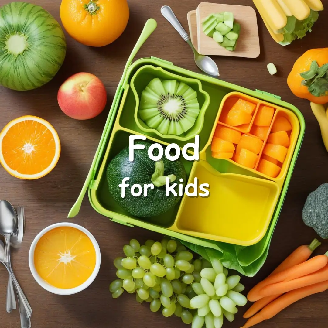 A vibrant featured image showcasing colorful fruits, vegetables, and a lunchbox with the title 'Food for Kids: Easy & Nutritious Meals You Need to Know' in cheerful, bold fonts.