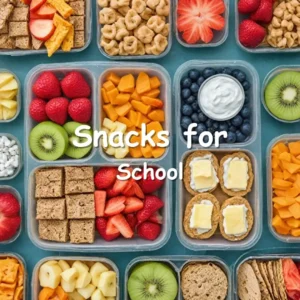 An assortment of healthy snacks for kids, including fruit and yogurt parfaits, veggie roll-ups, apple sandwiches, roasted chickpeas, and cheese stackers.