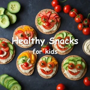 A vibrant set of three healthy snacks for kids: fruit and cheese kabobs, whole wheat pita chips with guacamole, and veggie faces on whole wheat crackers.