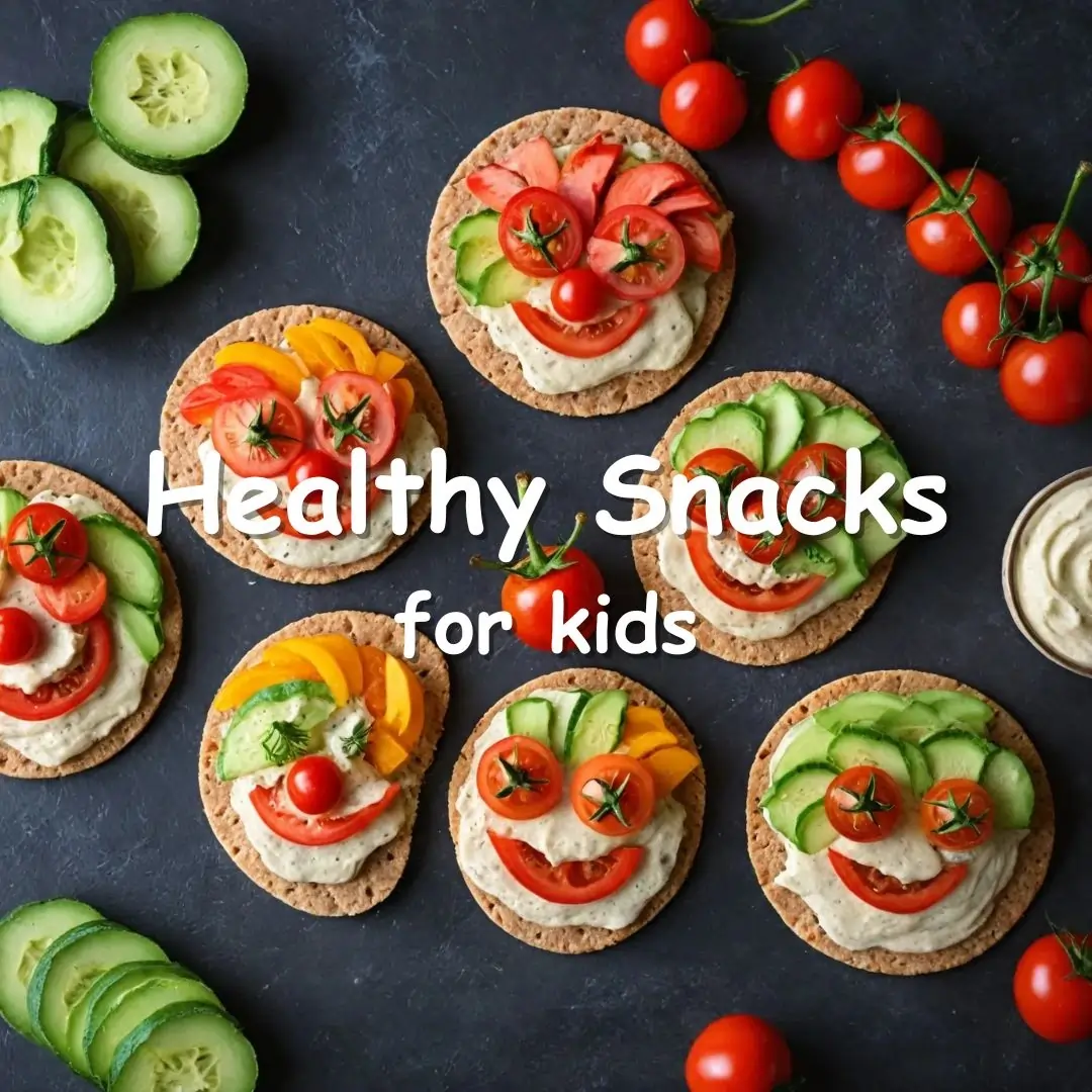 A vibrant set of three healthy snacks for kids: fruit and cheese kabobs, whole wheat pita chips with guacamole, and veggie faces on whole wheat crackers.
