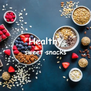 A colorful assortment of healthy sweet snacks, including energy balls, chia pudding, Greek yogurt parfaits, oatmeal cookies, and protein bars, surrounded by fresh berries, nuts, and dark chocolate.